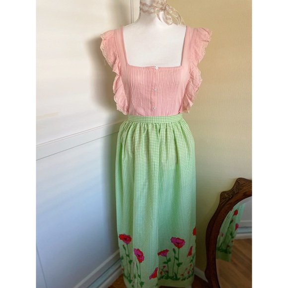 Vintage 60s Gingham Poppies Maxi Skirt - Picture 3 of 6